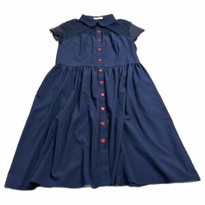Belle Poque Pinup Fit & Flare Pleated Red Heart Button Midi Dress (Navy) Size XL